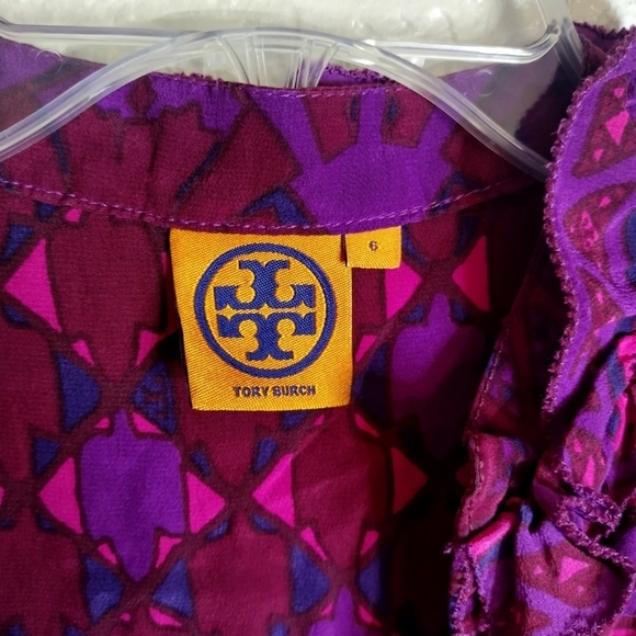 Tory Burch Silk Geometric Print Ruffle High V Neck 3/4 Tunic Blouse Top Sz 6 - Picture 6 of 12